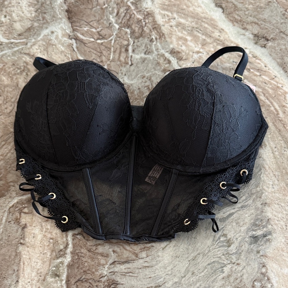 Victoria's Secret Black Lace push up Bra with corset sides